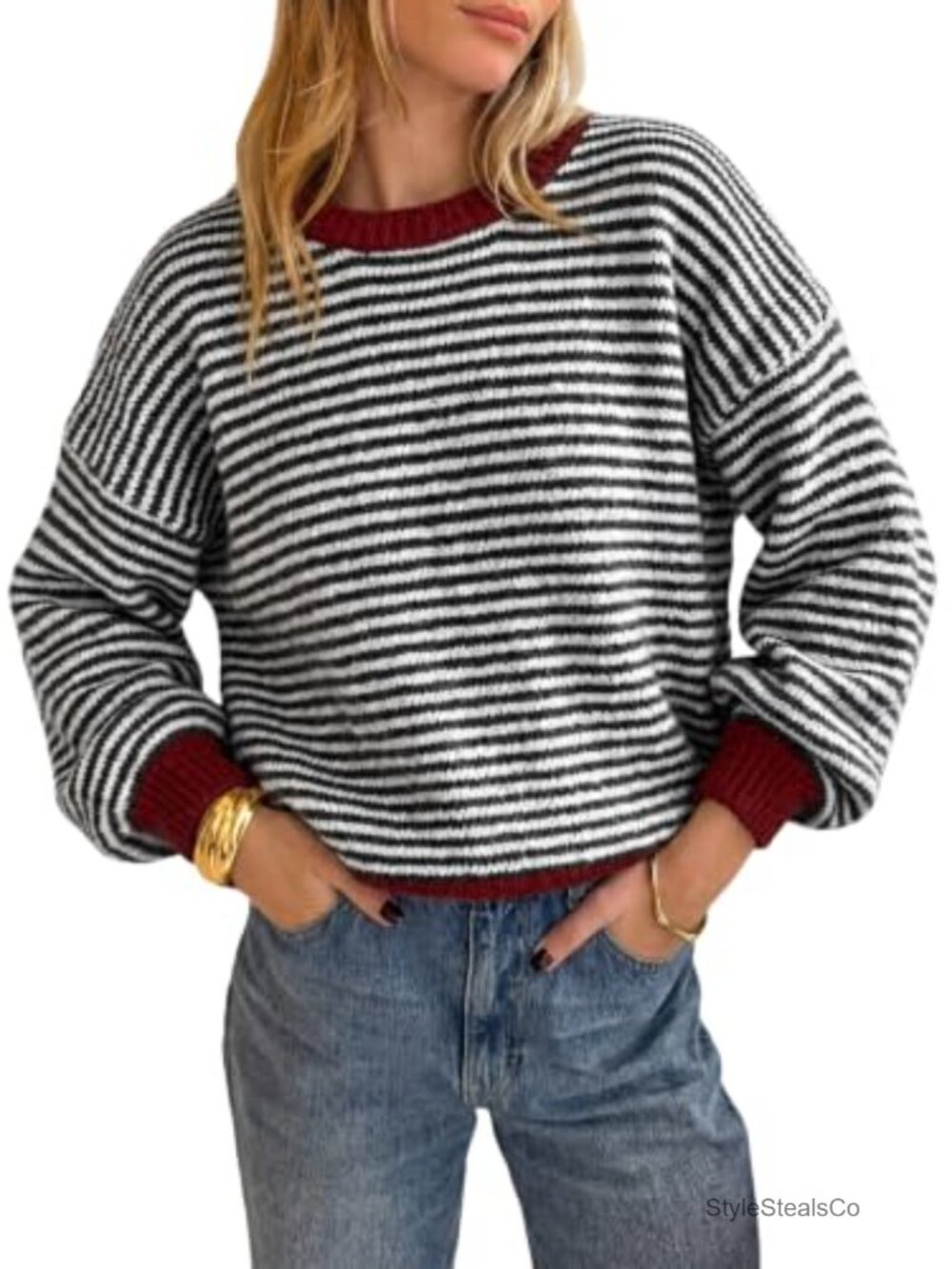 Cicy Bell Womens Striped Knit Pullover Sweater Loose Fit Crewneck Long Sleeve